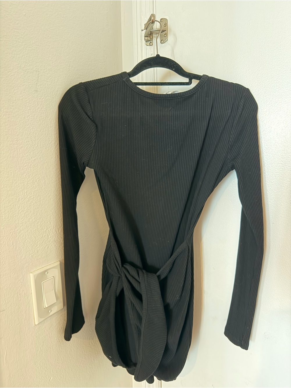 Black Long-Sleeve Mini Dress with Waist Tie